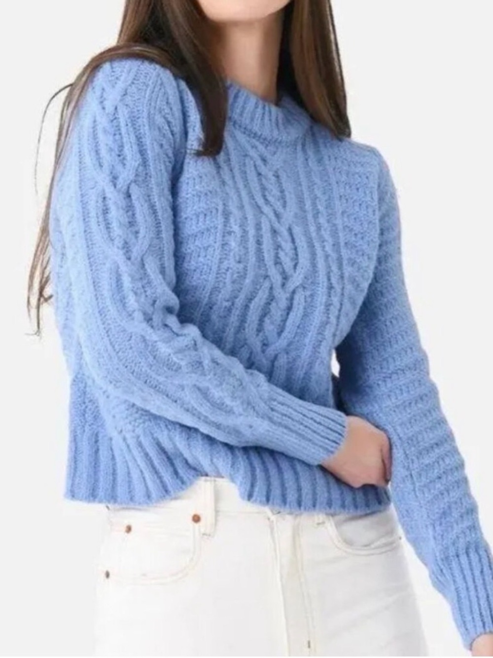 Eleven Six Light Blue Cable Knit Slim Fit Mock Necklace Sweater